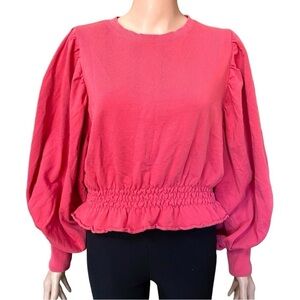 Zara Balloon Sleeve Banded Waist Slight Crop Ruffle Hem Long Sleeve Tee